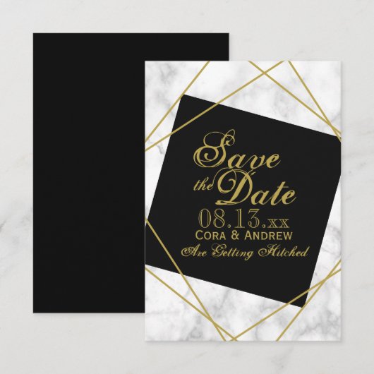 Invitation Mariage à date fixe Marbre Noir et Or Faux (Devant / Derrière)