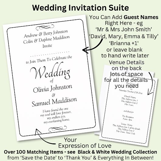 Invitation Mariage à défilement infini avec script noir et bl