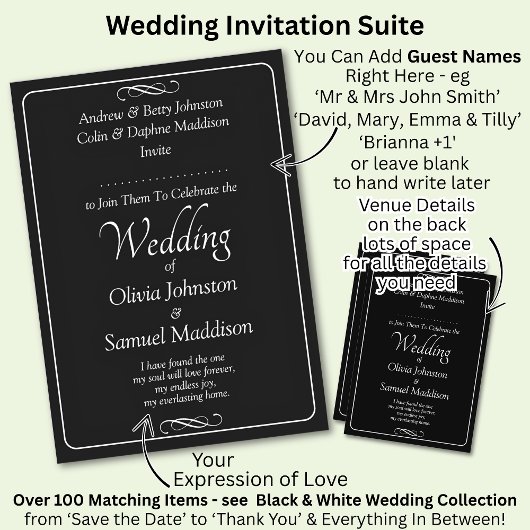 Invitation Mariage à défilement infini avec script noir et bl