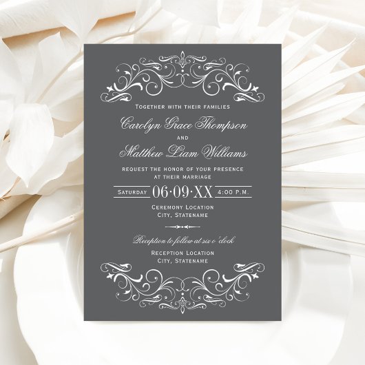 Invitation Mariage à défilement orné gris et blanc