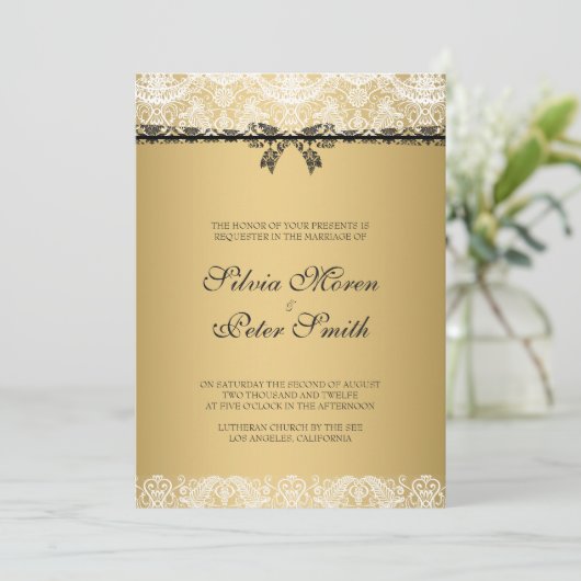 Invitation Mariage à dentelle dorée et blanche (Debout devant)