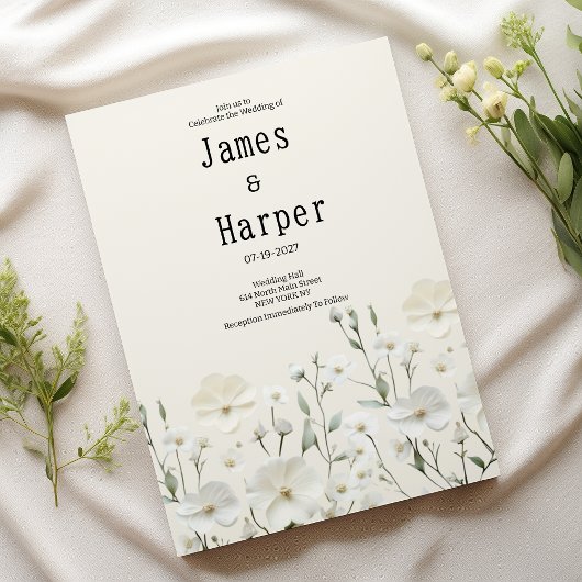 Invitation Mariage à disposition florale blanche en ivoire