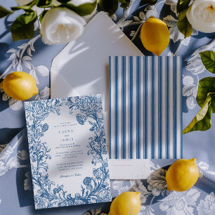 Invitation Mariage à dos rayé avec blason floral bleu élégant