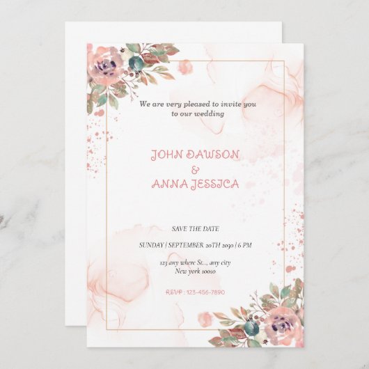 Invitation Mariage à écran de fleur d'eau rose (Devant / Derrière)