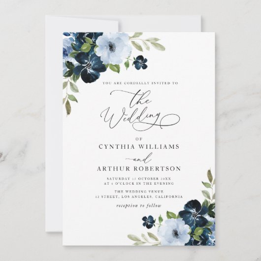 Invitation Mariage à écriture florale bleu clair et marine te (Devant)