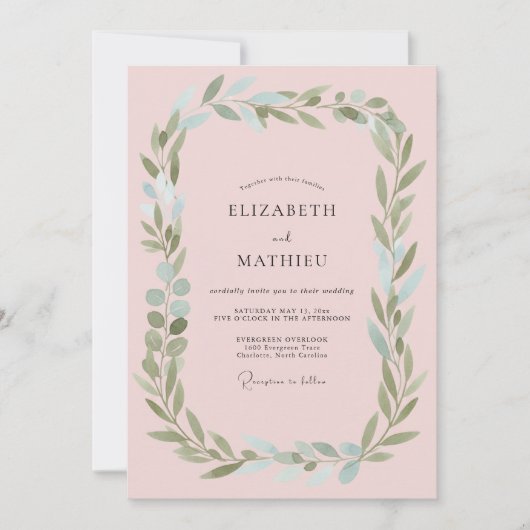 Invitation Mariage à feuillage éthéré rose tendre (Devant)