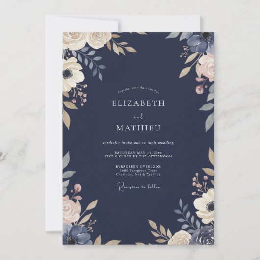 Invitation Mariage à feuillage peint indigo de minuit (Devant)