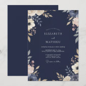 Invitation Mariage à feuillage peint indigo de minuit (Devant / Derrière)