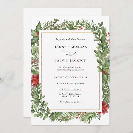 Invitation Mariage À feuillage persistant Gold Frame hiver (Devant / Derrière)