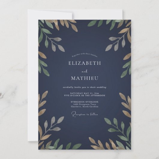 Invitation Mariage à Feuille d'Or de Minuit (Devant)