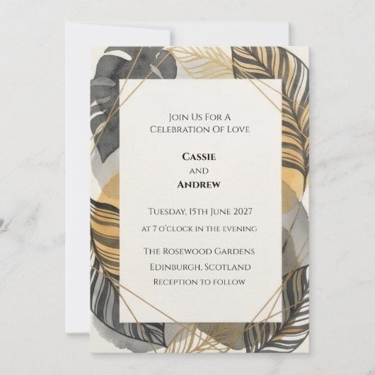 Invitation Mariage à Feuille Tropicale Or Noir (Devant)