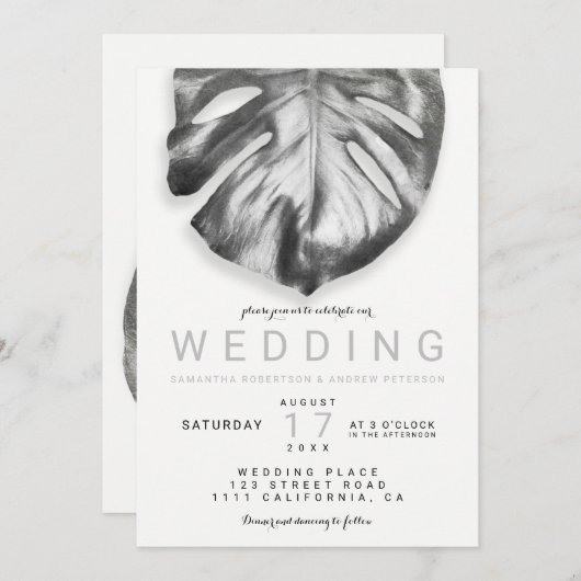 Invitation mariage à feuilles d'argent tropical moderne (Devant / Derrière)
