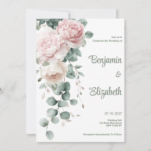 Invitation Mariage à feuilles d'eucalyptus rose (Devant)