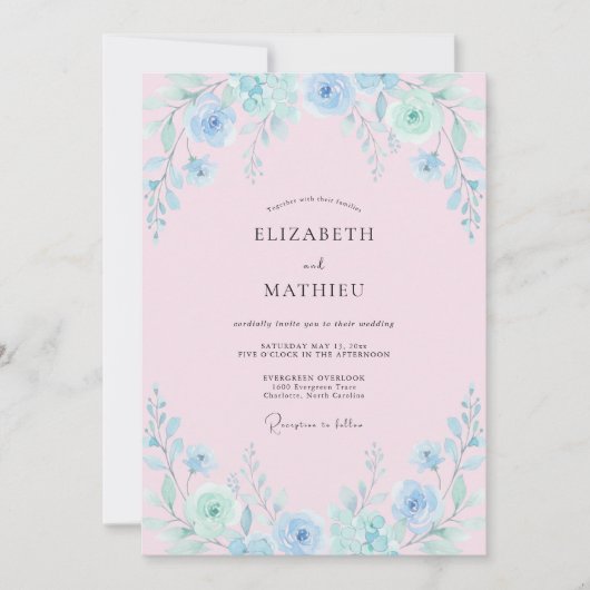 Invitation Mariage à Fleur de Pinceau Bleu Clair (Devant)