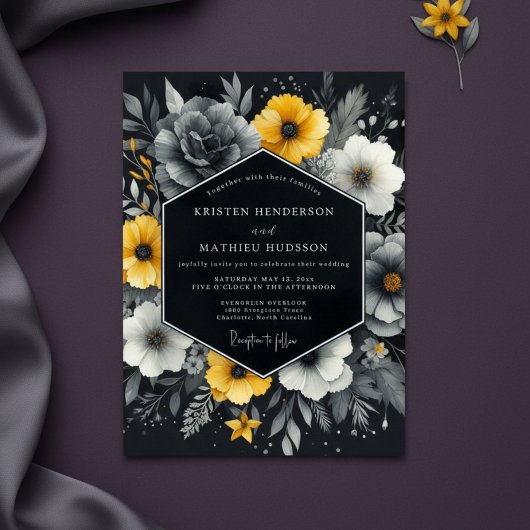 Invitation Mariage à Fleur Jaune Charbon