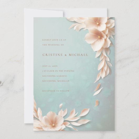 Invitation mariage à fleurs 3d rousses et aqua (Devant)