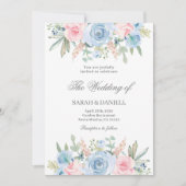 Invitation Mariage à fleurs bleu et rose (Devant)