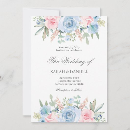 Invitation Mariage à fleurs bleu et rose (Devant)