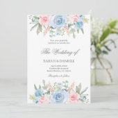 Invitation Mariage à fleurs bleu et rose (Debout devant)