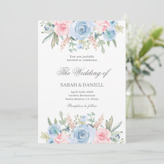 Invitation Mariage à fleurs bleu et rose (Debout devant)