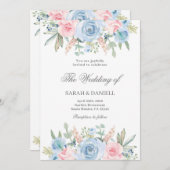 Invitation Mariage à fleurs bleu et rose (Devant / Derrière)