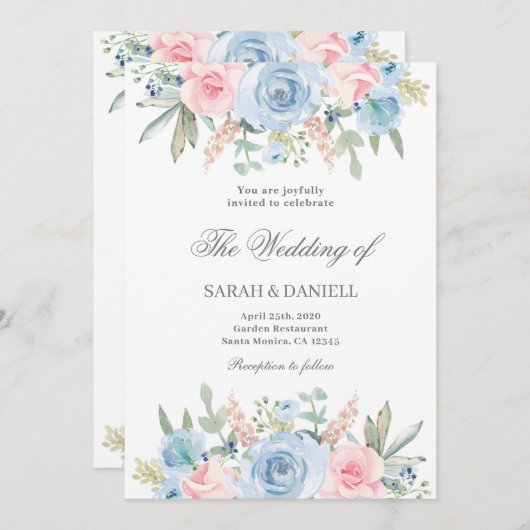Invitation Mariage à fleurs bleu et rose (Devant / Derrière)