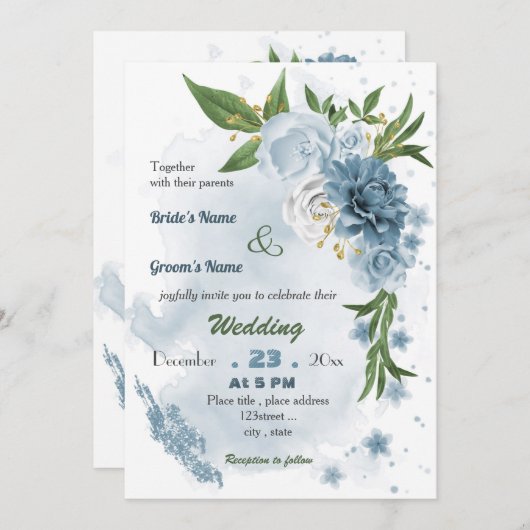 Invitation mariage à fleurs bleu romantique (Devant / Derrière)