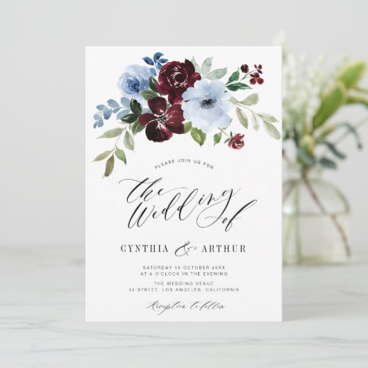 Invitation mariage à fleurs bleues bordeaux (Debout devant)