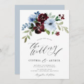 Invitation mariage à fleurs bleues bordeaux (Devant / Derrière)