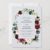 Invitation mariage à fleurs bleues bordeaux (Devant)