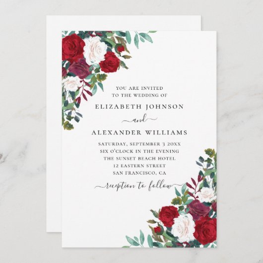Invitation Mariage à fleurs Boho. Fleurs élégantes rouges et (Devant / Derrière)