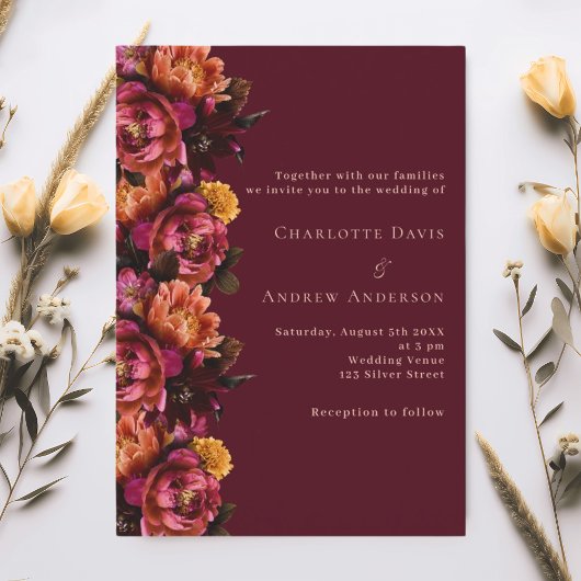 Invitation Mariage à fleurs de pêche rose bordeaux