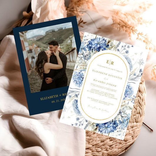 Invitation Mariage à fleurs de printemps bleu bleu marine Dus