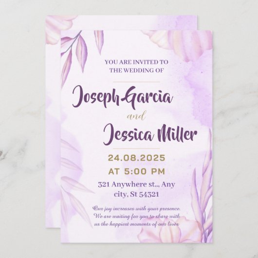 Invitation Mariage à fleurs élégantes en rose, couleur violet (Devant / Derrière)