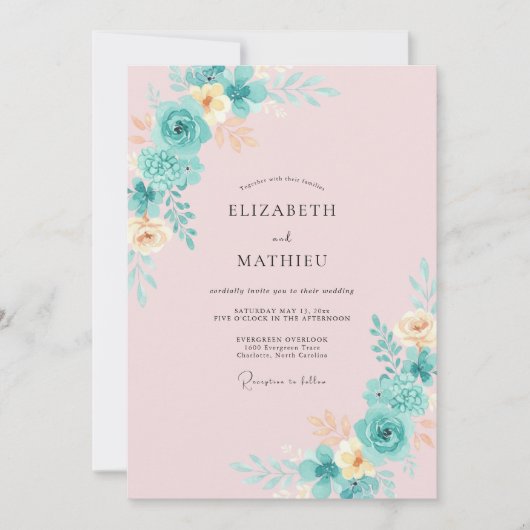 Invitation Mariage à Fleurs en Teinte Cyan avec Coup de Pince (Devant)