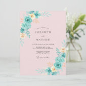 Invitation Mariage à Fleurs en Teinte Cyan avec Coup de Pince (Debout devant)