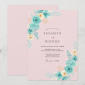 Invitation Mariage à Fleurs en Teinte Cyan avec Coup de Pince (Devant / Derrière)
