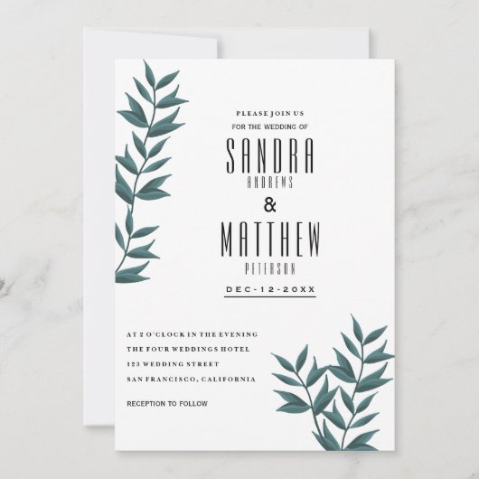Invitation Mariage à fleurs feuille blanc vert foncé (Devant)