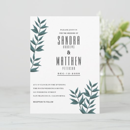Invitation Mariage à fleurs feuille blanc vert foncé (Debout devant)