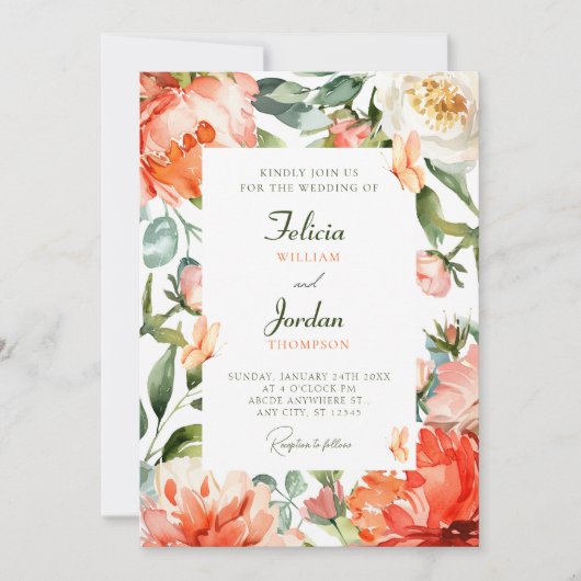 Invitation Mariage à fleurs florales vert orange (Devant)