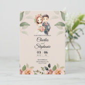 Invitation Mariage à fleurs illustrées beige (Debout devant)