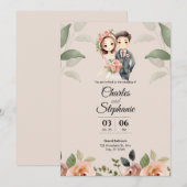 Invitation Mariage à fleurs illustrées beige (Devant / Derrière)