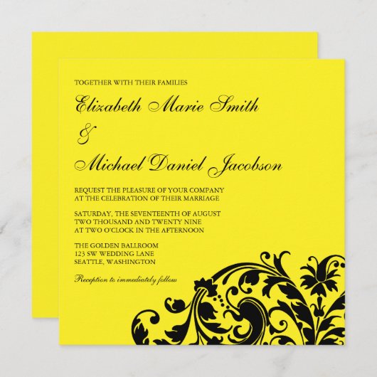 Invitation Mariage à fleurs jaunes et noires (Devant / Derrière)