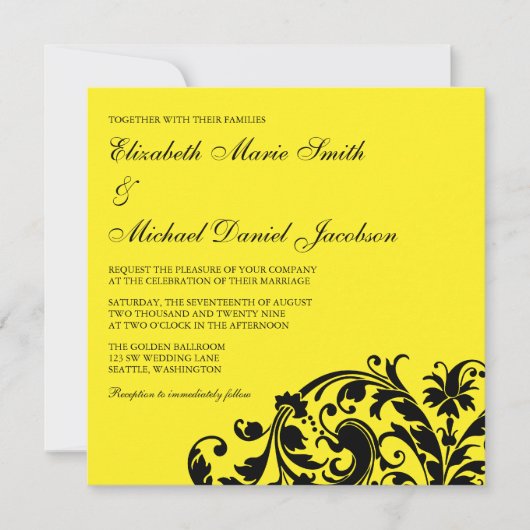 Invitation Mariage à fleurs jaunes et noires (Devant)