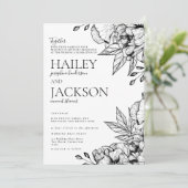 Invitation Mariage à fleurs romantique noir blanc (Debout devant)