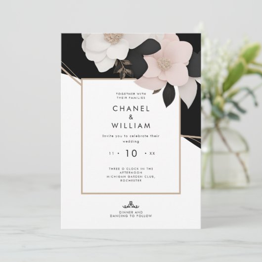 Invitation Mariage à fleurs rose chanel (Debout devant)