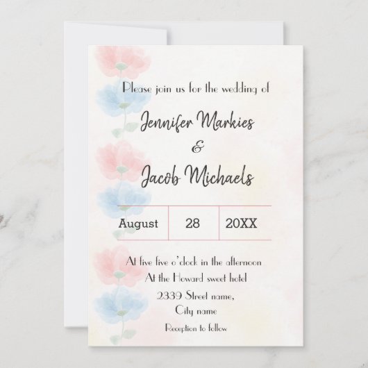 Invitation Mariage à fleurs rose et bleu (Devant)