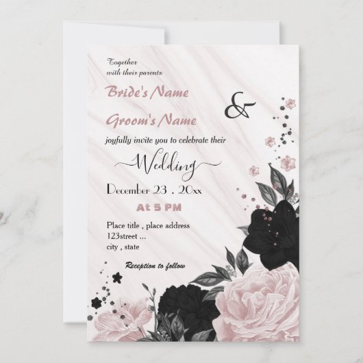 Invitation mariage à fleurs rose et noir (Devant)