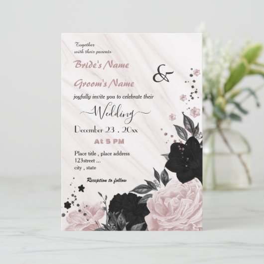 Invitation mariage à fleurs rose et noir (Debout devant)