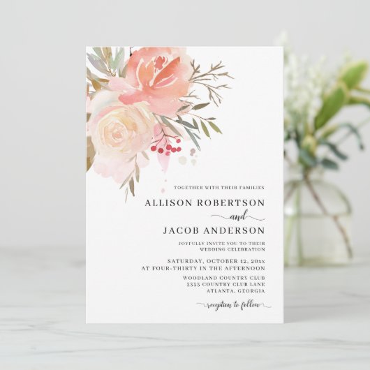 Invitation Mariage à fleurs rose pâle chic (Debout devant)